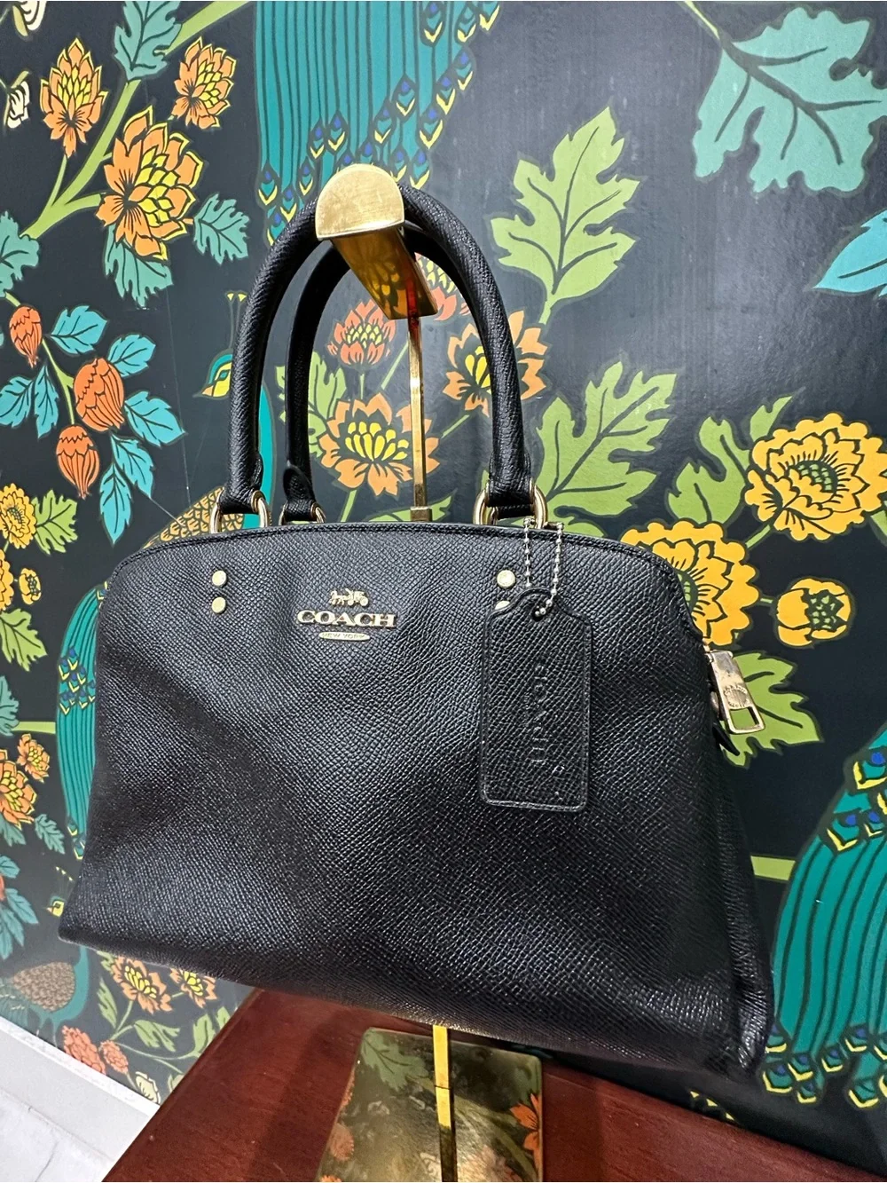Coach Mini Lillie Carryall Black Crossgrain Leather Satchel Gold Hardware F57545